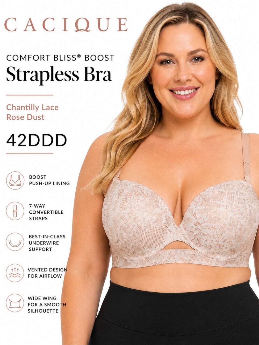 Cacique Comfort Bliss Boost Strapless 7 Multi Way Bra Chantilly Lace Rose Dust